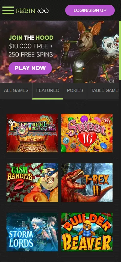 Robin Roo Casino mobile browser home screen on a phone