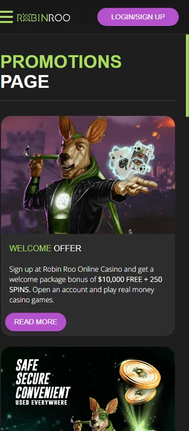 Robin Roo Casino mobile browser promotions area