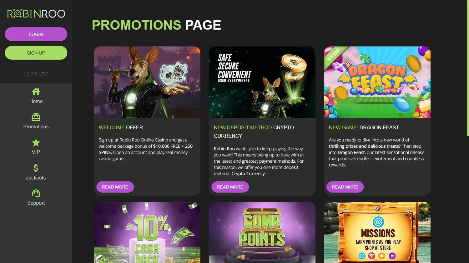 Robin Roo Casino desktop promotions area with current casino offers