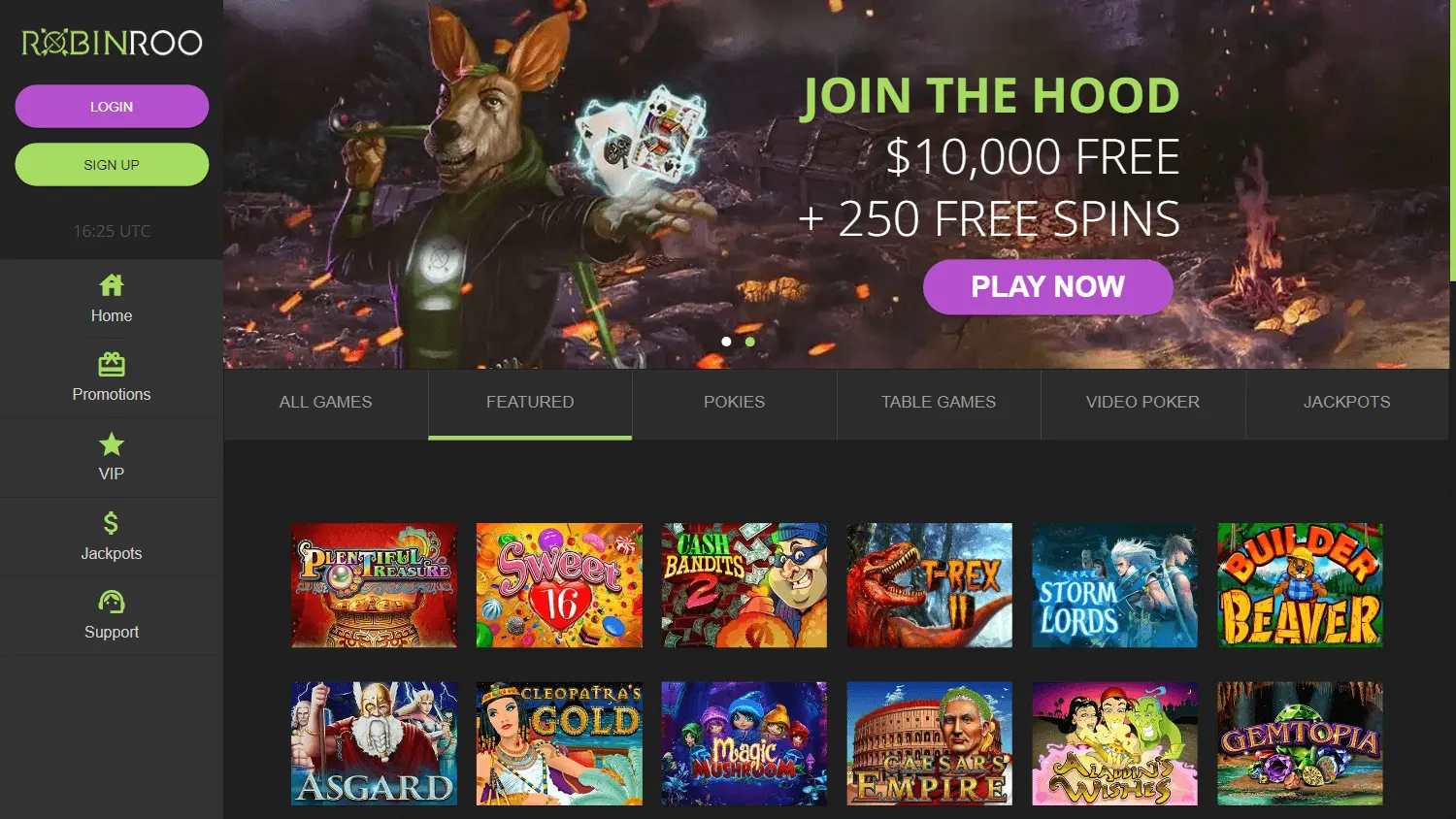 Robin Roo Casino desktop games lobby with casino game categories